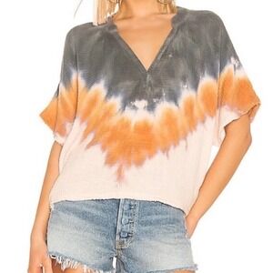 Young Fabulous & Broke YFB Tie Dye Cotton Gauze V-Neck Top Grey Orange Small